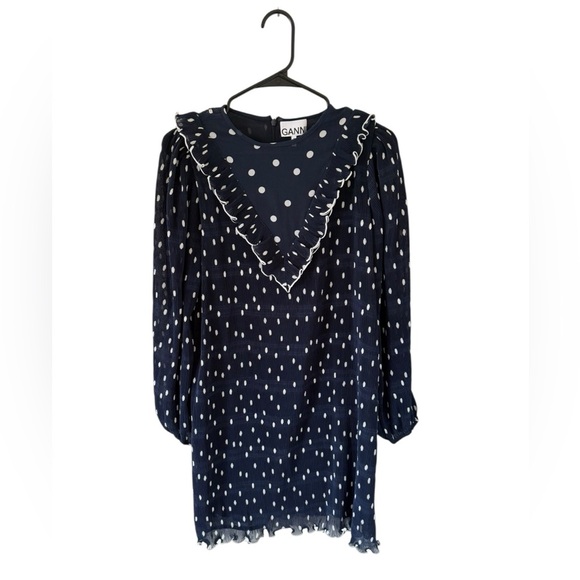 GANNI Pleated Georgette Polka Dot Mini Dress - Picture 4 of 10
